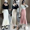 Black Knit High Waist Midi Skirt for Pear Shape Women, Plus Size A-Line Fishtail, Autumn/Winter.