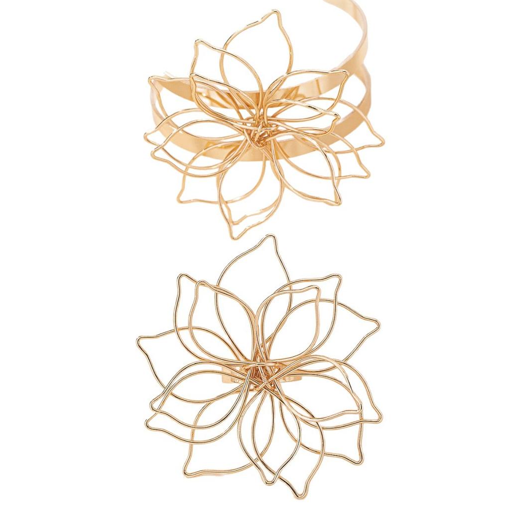 Openwork Line Braided Flower Ring Bracelet Set Opening Adjustable Accessory For Women