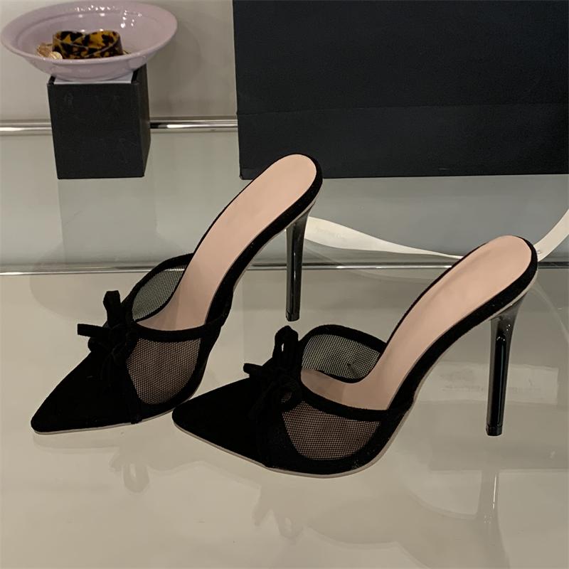 

Fashion Eilyken New Fashion Breathable Mesh Pointed Toe Women Slippers Elegant Thin High Heels Banquet Sandals Summer Shoes 35 чорний