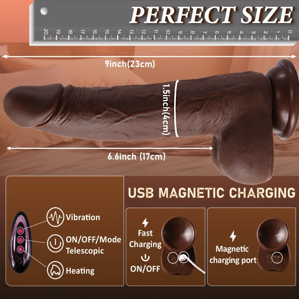 1 Thrust Vibrating Dildo - Rotating and Heating, 9" Realistic Coffee Color Retractable, 10 Rotation/Vibration Modes, for Women and Couples
