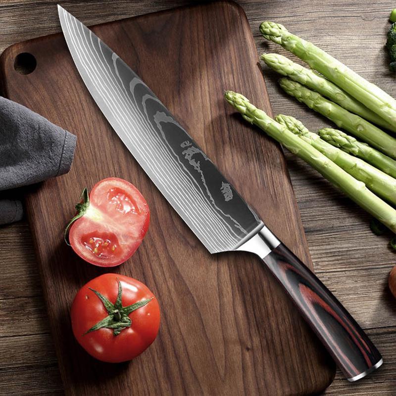 Stainless Steel Kitchen Knives Laser Pattern Chef Knife Slicing Peeling Cleaver Meat Fish Sushi Cutter for Household