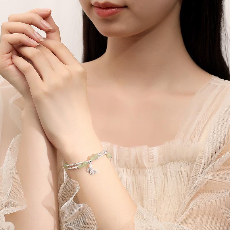 Tichiya Silver Butterfly Double-Layer S925 Sterling Jade Bracelet - Light Luxury Chinese Style Accessories for Women
