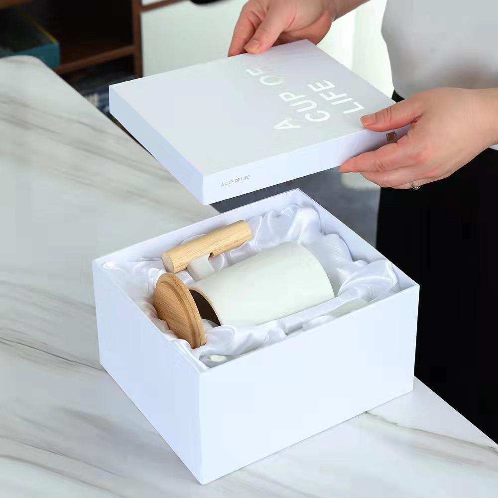 Logo Printed Ceramic Mug with Wooden Handle, Lid, Spoon, and Gift Box - Ideal for Business and Events