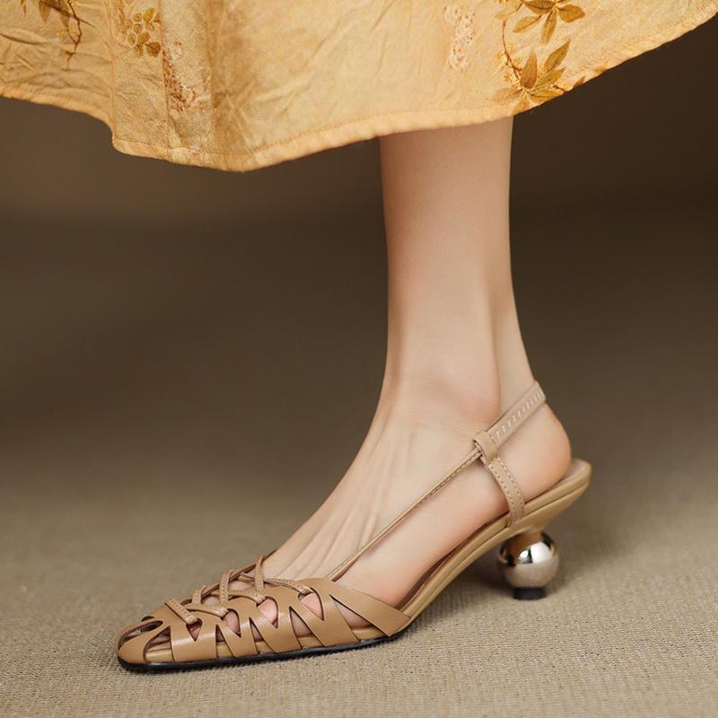 Fashion NEW Summer Women Sandals Cover Toe Strange Heel Shoes Genuine Leather Shoes Women Hollow Weave Ankle Strap Shoes Modern Sandals