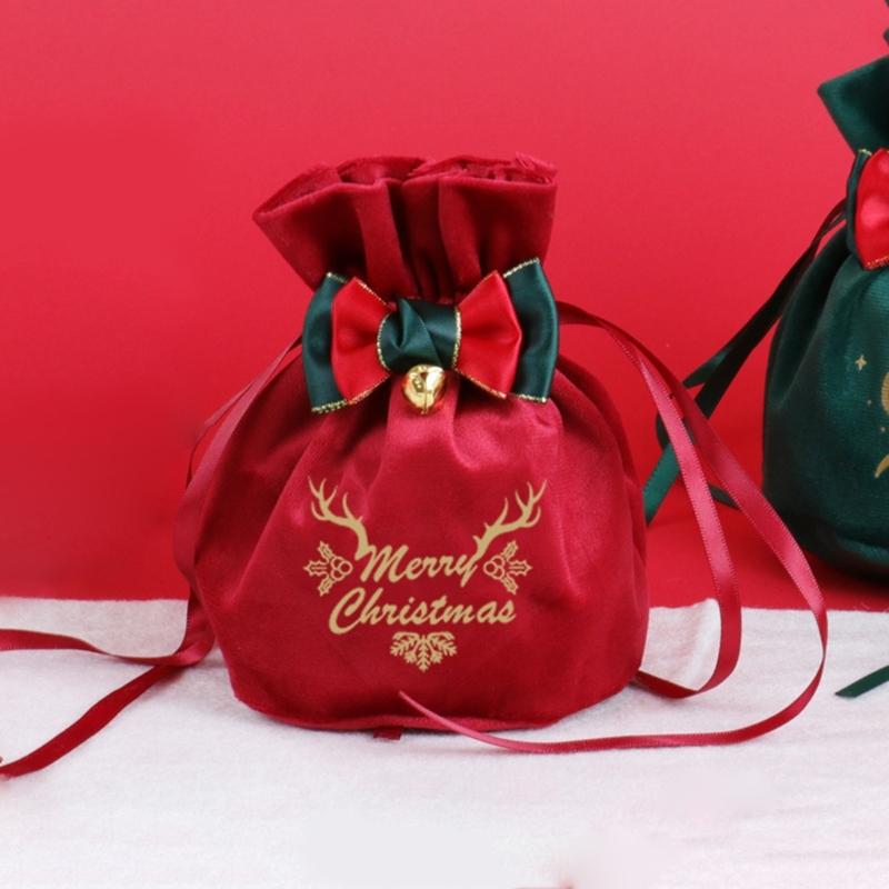 Reusable Holiday Velvets Treat Pouch Drawstring Gift Bag With Bowknot And Bell Christmas Party Decoration Accessories