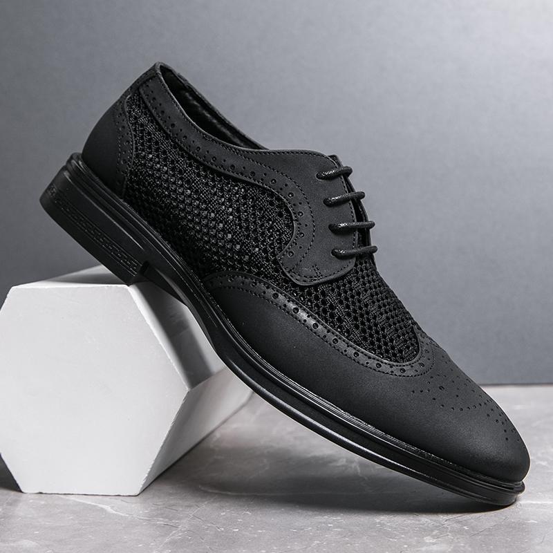 Summer Men Business Dress Shoes Pointed Mesh Breathable Casual Leather Shoes Lace Up Business Block Shoes Sizes 38-46 Men Shoes
