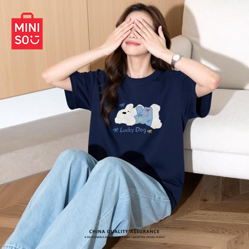 MINISO Women s Pure Cotton Loose Fit T-Shirt with Puppy Print XL