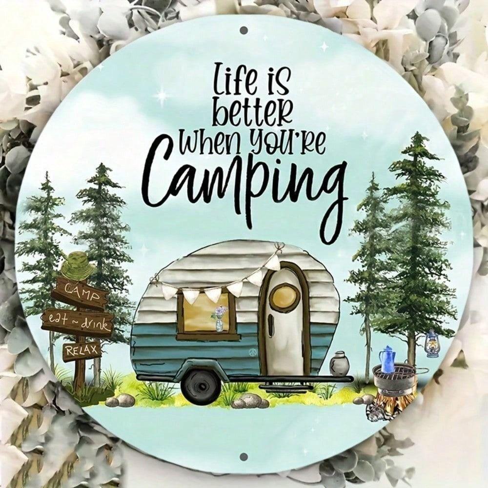 Round Metal Camping Poster Wall Art Garden Kitchen Decor