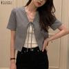 ZANZEA Blusa tipo cárdigan informal con cuello en V y mangas cortas con cordones para mujer