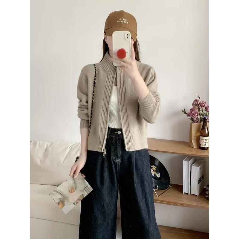 

Ленивый ветер простой однотонный короткий весенне-осенний вязаный жакет приталенный на молнии универсальный свитер-жакет One size абрикосовый