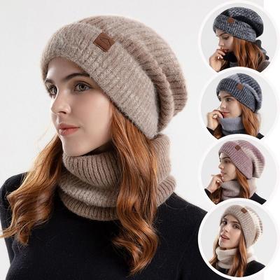 Fashion Thicken Soft Hat Scarf Set Fleece Lined Windproof Coldproof Neck Warmer Warm Ear Protection for Women