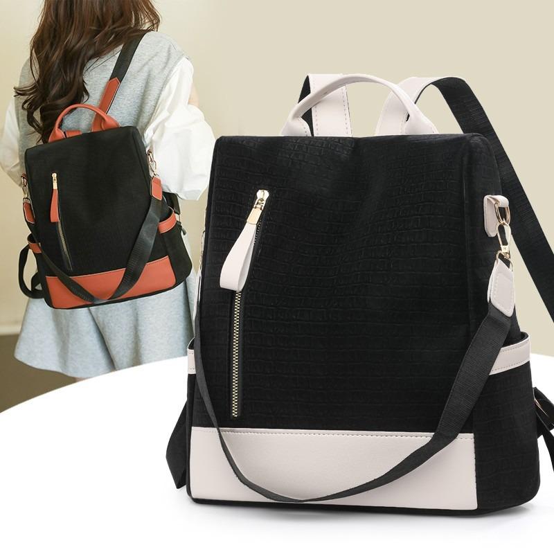 New Color Matching Backpack Women's Large-capacity Simple Anti-theft Commuter Book Bag Leather Fashionable Portable Shoulder Bag