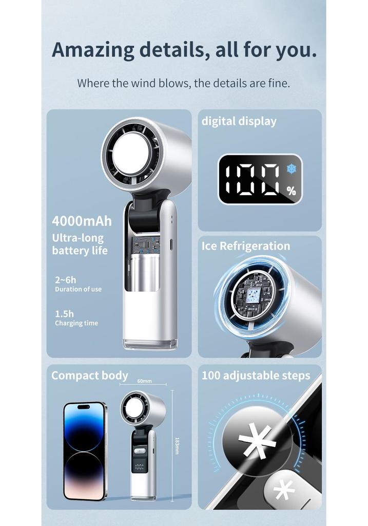 K801 Ice Cooling Handheld Fan: 100-Speed, Bladeless, Semiconductor Spray, Wearable Around Neck