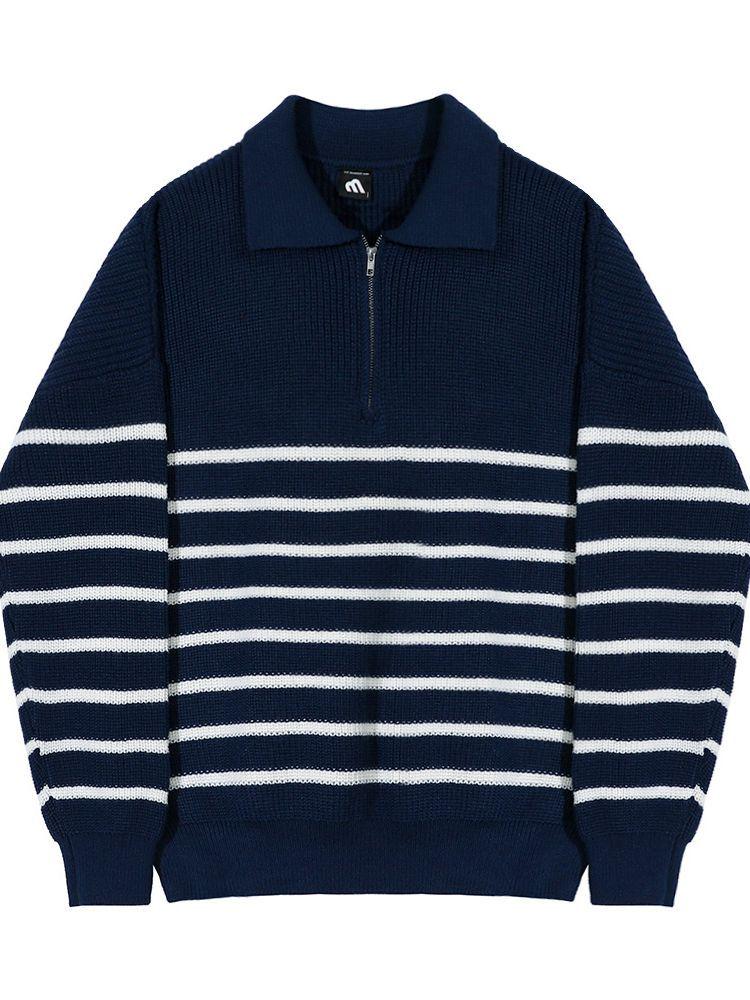 Men's Retro Striped Half-Zip Polo Sweater - Casual Korean Autumn Lapel Style