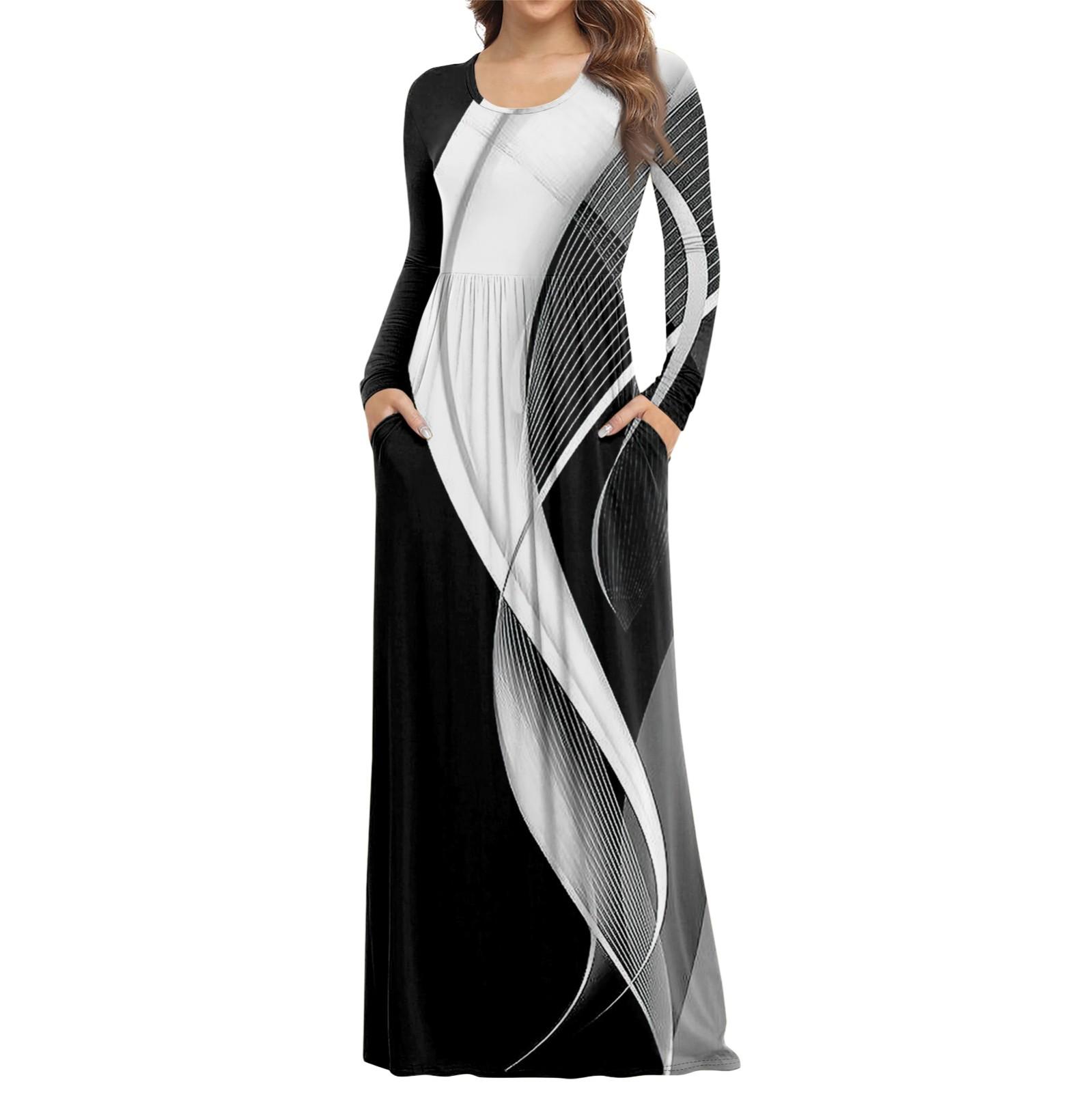 

Женское модное повседневное платье с круглым вырезом и длинными рукавами с карманами L чёрный