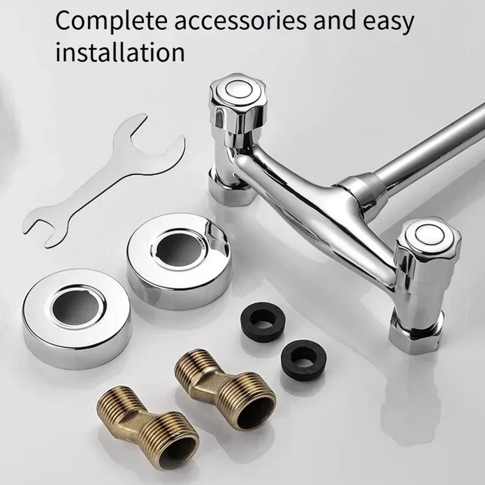 Robinet de bucătărie din oțel inoxidabil Robinet de amestec cu robinet de apă caldă și rece, pivotant de 360 ​​de grade, cu două orificii, montat pe perete Baterie pentru balcon