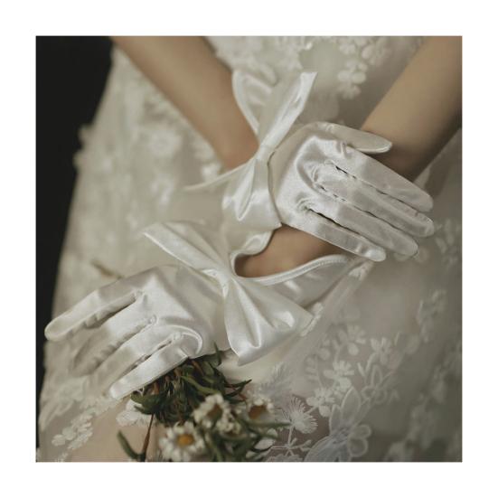 Satin Bride Gloves Short Tulle Wedding Gloves Sheer Wrist Gloves with Bow Faux Pearls for Prom Evening Opera Tea Party