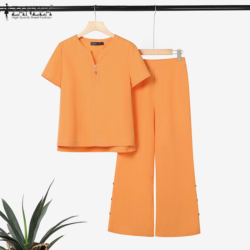 ZANZEA Bluză și pantaloni cu mâneci scurte pentru femei Seturi de costume din două piese de vară