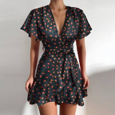 Rochie de vară pentru femei, cu mânecă fluture, cu buline, imprimeu floral, cu decolteu în V, cu talie înaltă, rochie, mini rochie vintage