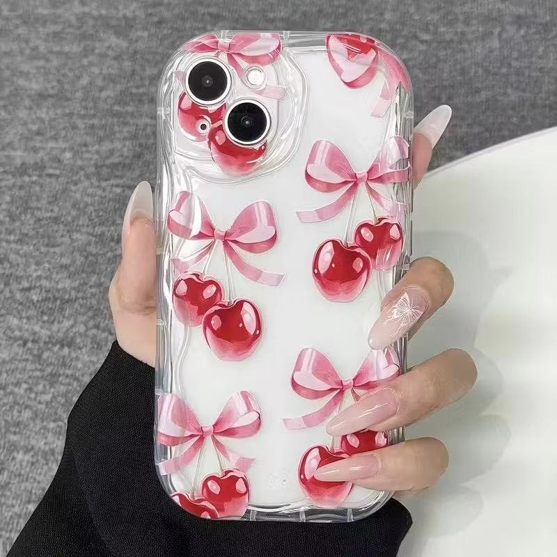 Pink Cherry Bowknot Pattern Wavy-edge Phone Case For iPhone 17 Pro Max 16 15 14 Plus 13 12 11 Pro Max 16e 17e Transparent Cover