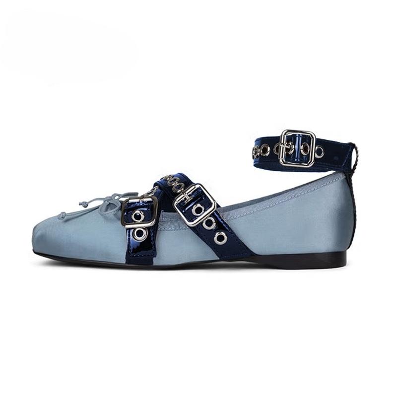 

Fashion Lolita Style Fashion Buckle Strap Women Loafers Cozy Silk Round Toe Butterfly Knot Lady Flat Mary Jane Shoe Mules Sandal 35 синій