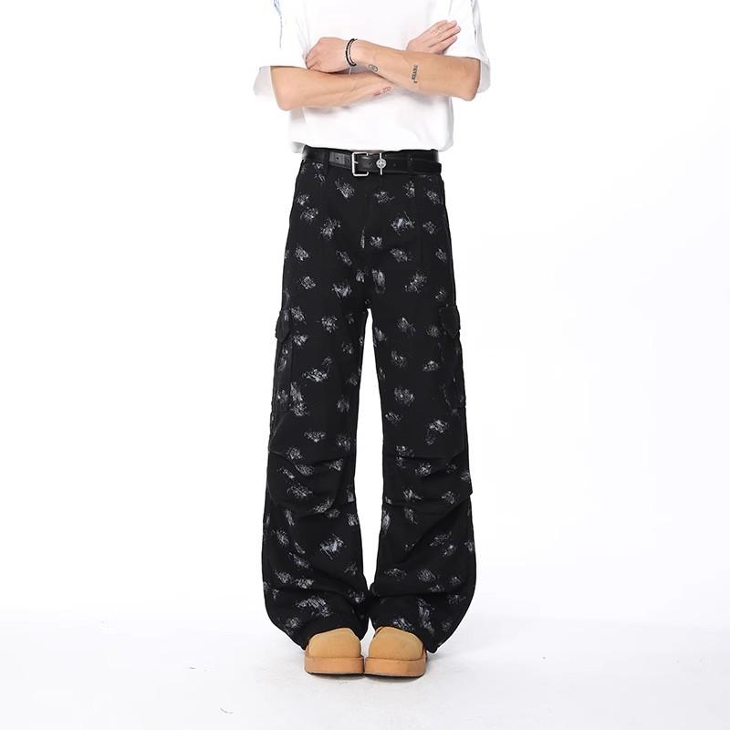 

Trend floral pleated wide-leg jeans men s and women s mid-waist design sense large pockets loose and thin straight floor pants S чёрный