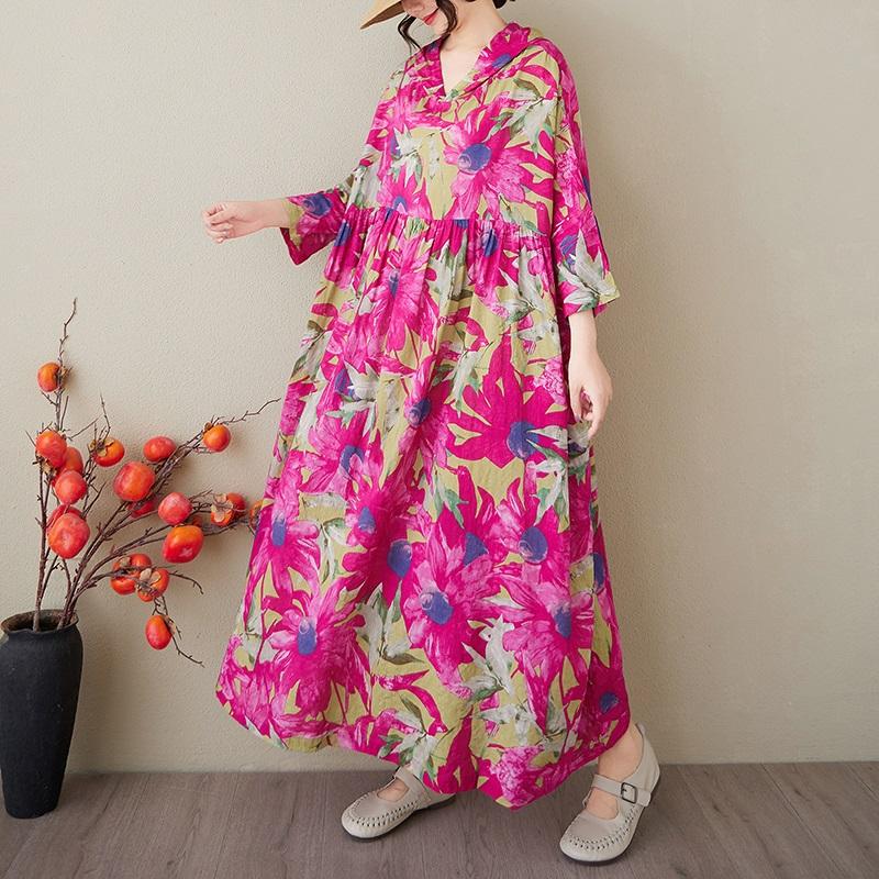 Übergröße Baumwolle Kapuze Vintage floral neu in Kleider für Frauen lässig locker lang Frühling Sommerkleid