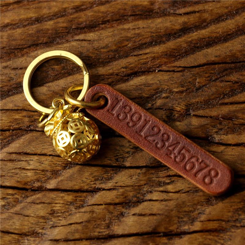 Engraved Retro Cowhide Car Keychain with Custom Phone Number Tag