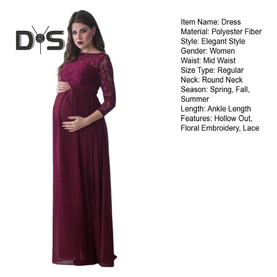 Těhotné ženy šaty s krajkou vyhloubená květinová výšivka s kulatým výstřihem, dlouhým rukávem, plisované maxi šaty na svatební párty rekvizita na focení