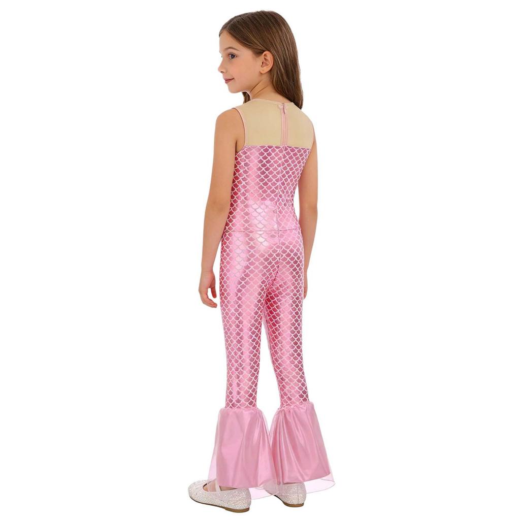 Kompletter Meerjungfrauen-Jumpsuit für Mädchen Halloween: Ärmelloses Einteiler-Kostüm mit funkelndem Schuppendesign für Bühne & Party