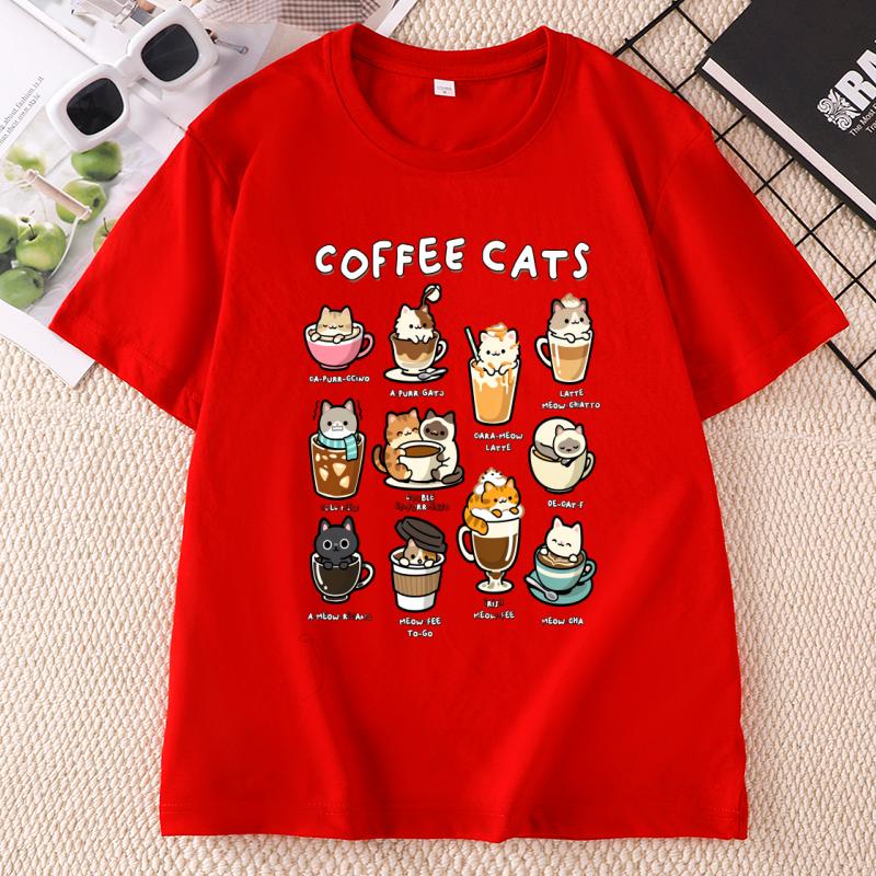 Funny Coffee Cat Cotton Short Sleeve Round Neck Printed Tshirts Unisex Unisex Streetwear Cat Lover Tshirt Unisex Clothing