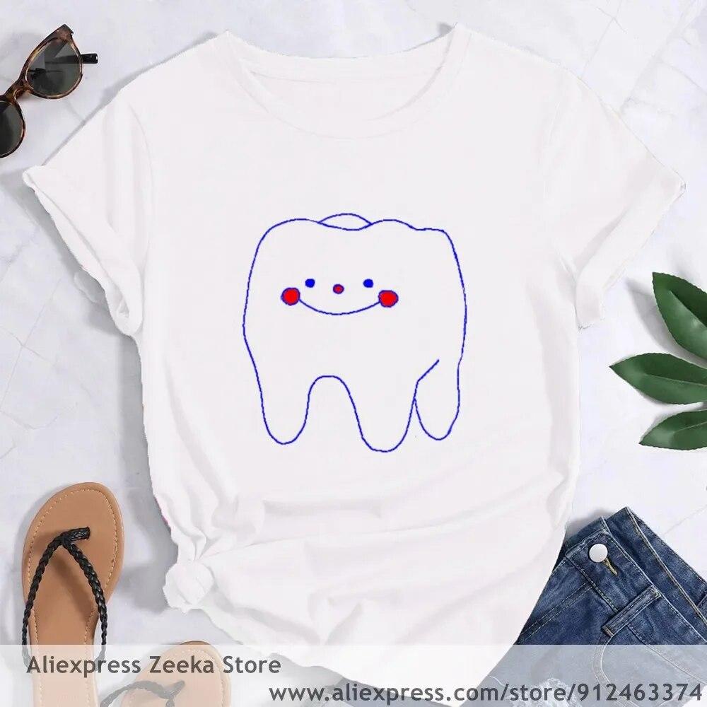 Zahn und Zahnarzt Grafik Ästhetik Frauen Lustige Print Damen T-shirt Mädchen Y2K Harajuku Basis O-kragen Weißes Hemd Kurze