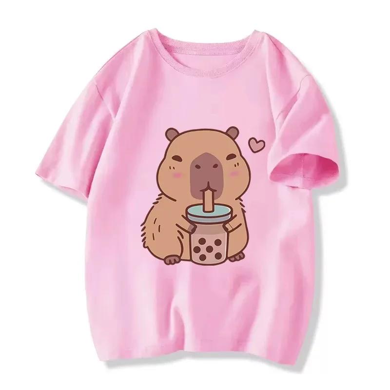 Funny T Shirt Capybara with Turtle Loves Bubble Milk Tea Printed T Shirt Girls/Boys Kawaii Kids Clothes Harajuku Shirt Tops