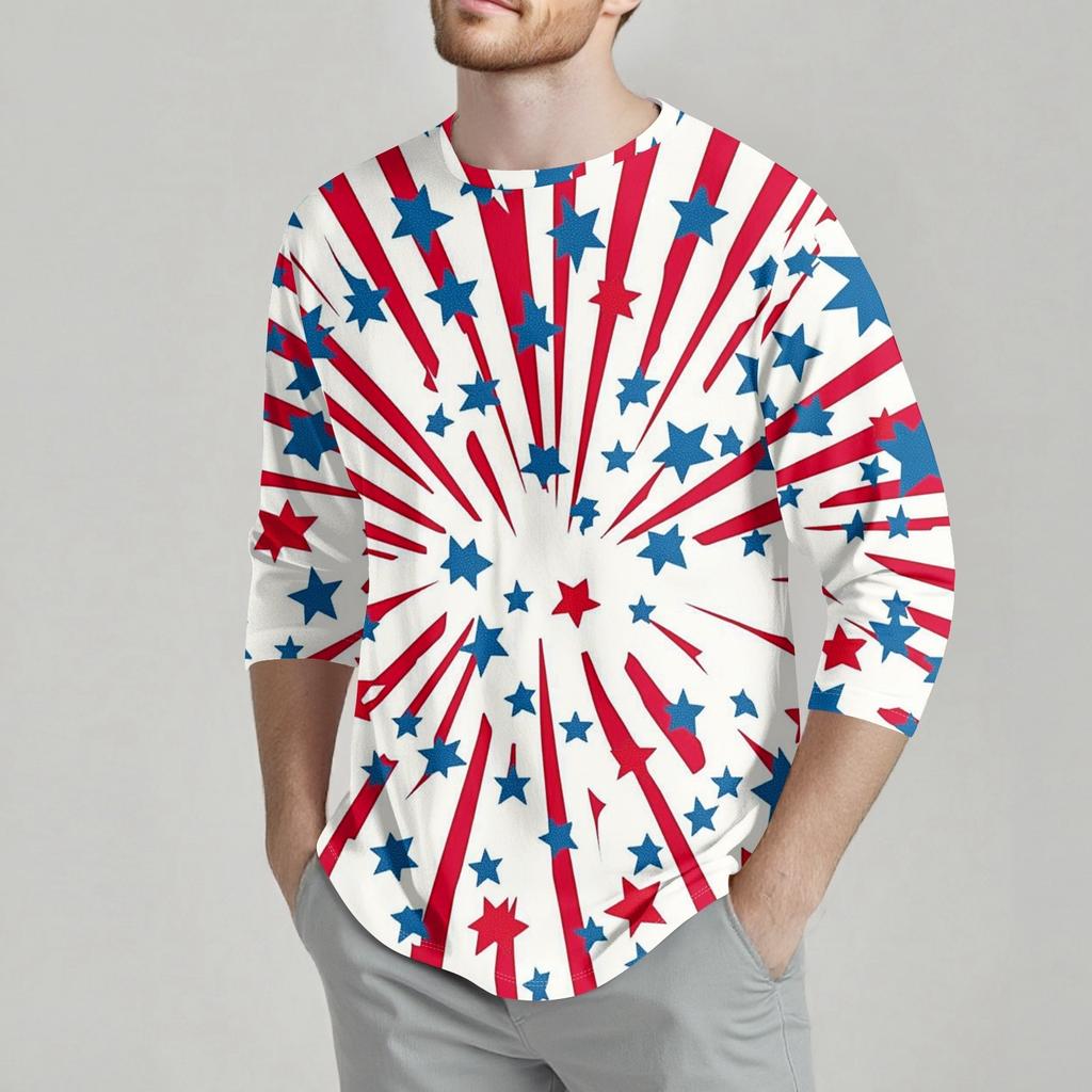 Men's Fashion Casual Independence Day Print  Neck Seven-point Sleeve Top T-shirt