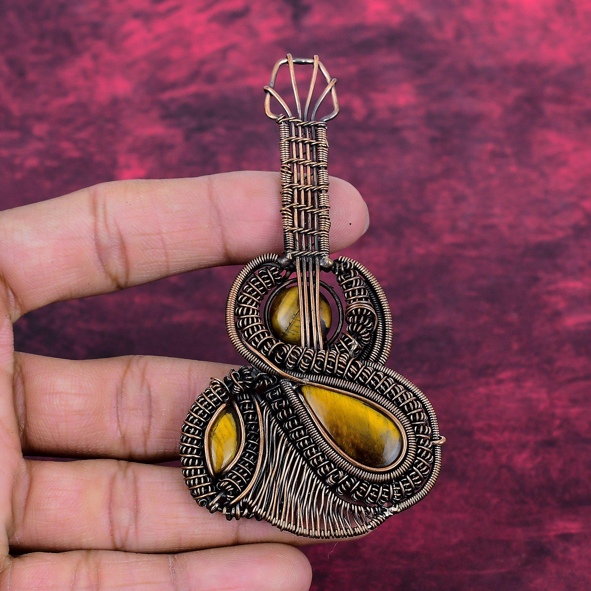 Tiger s Eye Gemstone Pendant Copper Wire Wrapped Jewelry Handmade Guitar Pendant