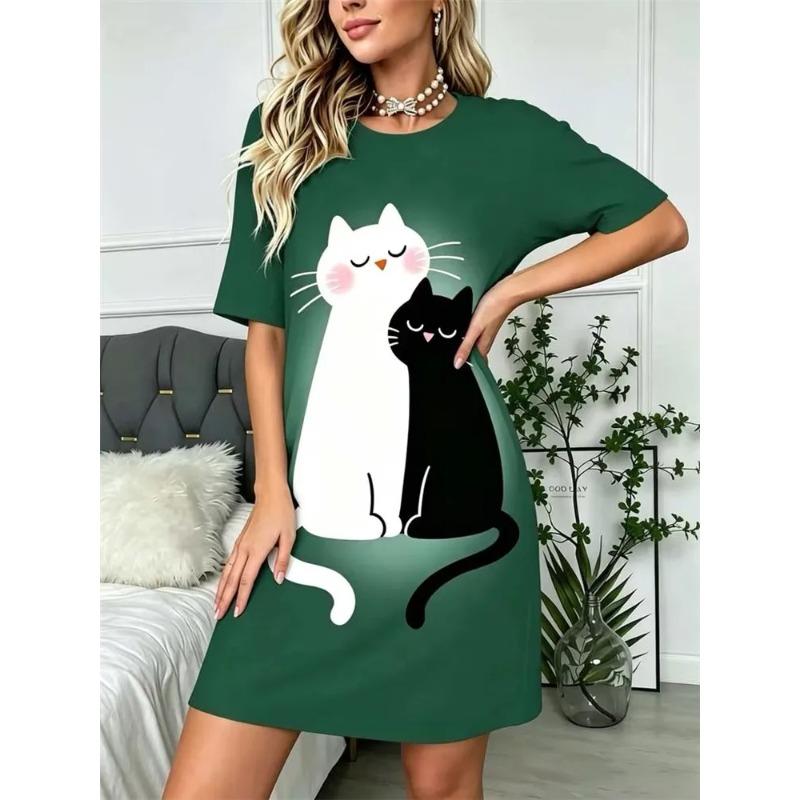 Women Abstract Geometric 3D Cartoon Print Dress O Neck Short Sleeve Loose Casual Mini Dress Summer Daily Outfit Dresses