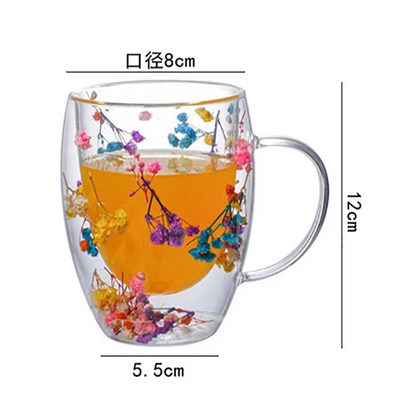 350 ml dobbelvegg kaffekrus med håndtak Klarmelkekopper Gaver Glasskoppfyll kunstig simulering Blomster tekopp