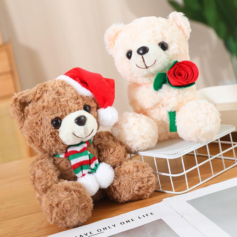 Chinese Valentine's Day, Hugging Roses, Bear Plush Toys, Wearing Christmas Hat, Teddy Bear Doll Birthday Gift