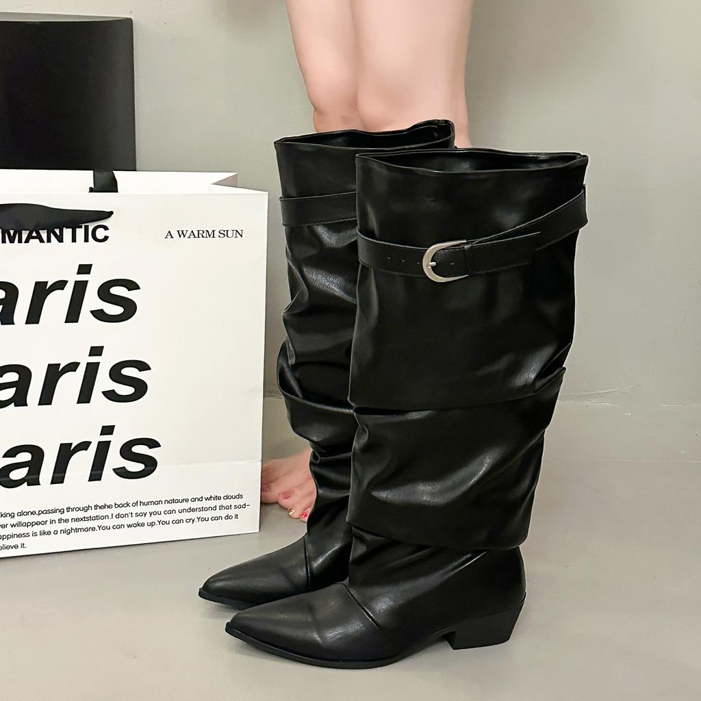 European and American style belt buckle pointed boots women's thick heel tall thin boots new long tube stacking boots