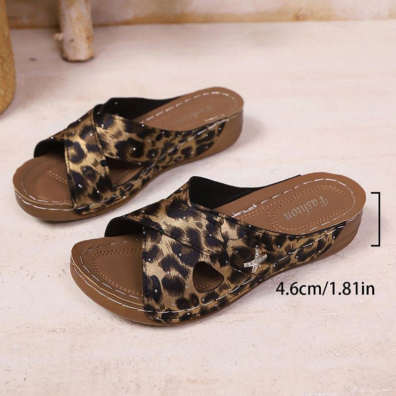 Fashion Fashion Leopard Wedges Sandals Women Shiny Crystal Thick Sole Non Slip Slippers Plus Size Comfort Chunky Platform Beach Shoes