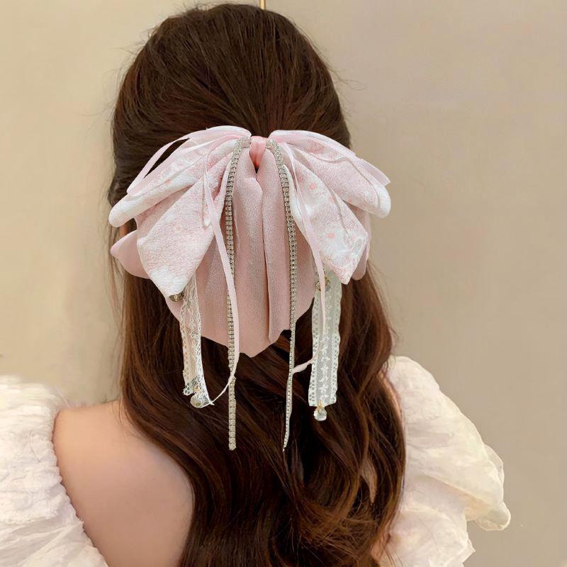 Clips de păr coadă de cal cu fundă florală din șifon făcută manual pentru păr voluminos