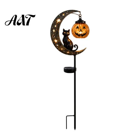 Jack-o-lantern Solar Lights Halloween Garden Stake Light, Soft Warm Jack-o-Lantern, Moon Cat Amber Silhouette Outdoor Pathway Decor, Waterproof Metal