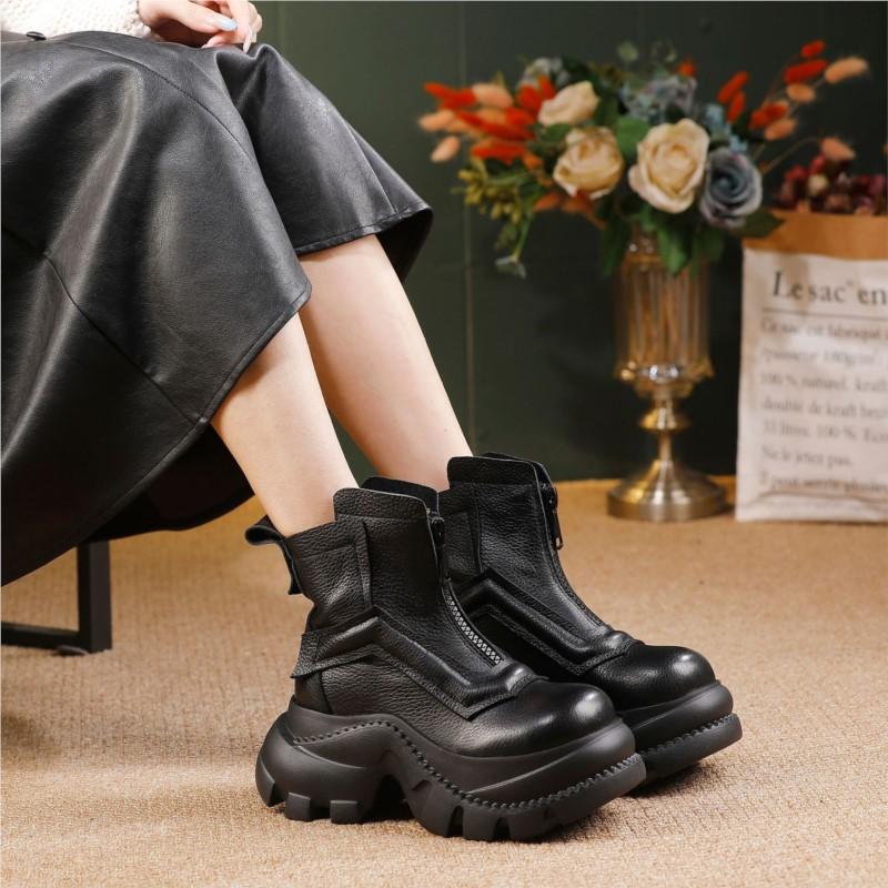 Johnature Thick Soled Short Boots Women's Genuine Leather Front Zipper Platform Boots