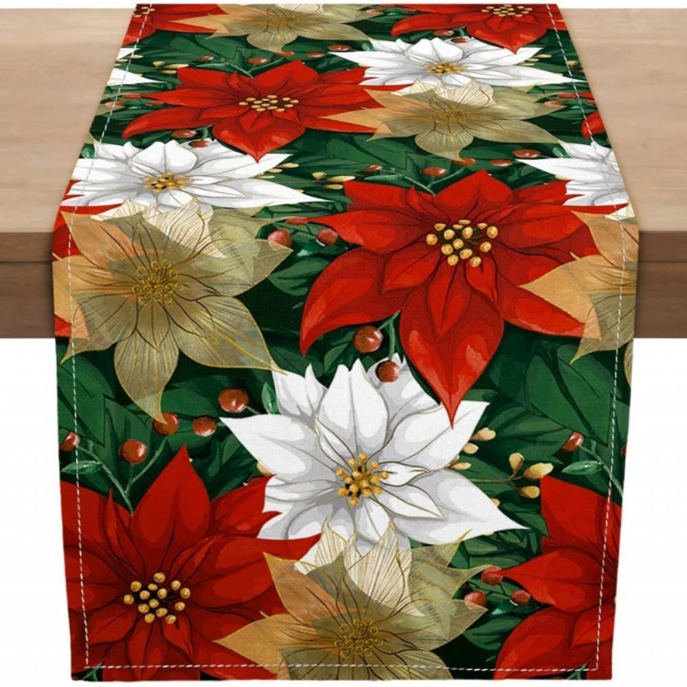 Poinsettia Flower Pattern Christmas Table Runner Long Length Rectangular Shape Table Decor Cloth Linen Material