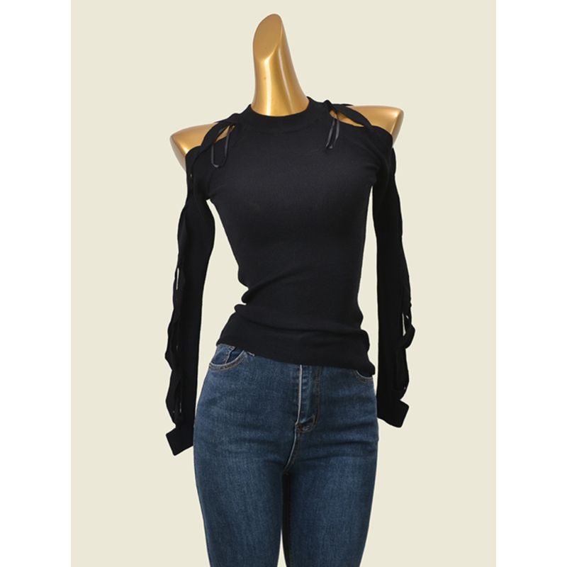 Export Stylish Cut Out Long Sleeves Knitwear Sexy Silm Early Autumn High Elasticity Pullover Keep Warm Tops