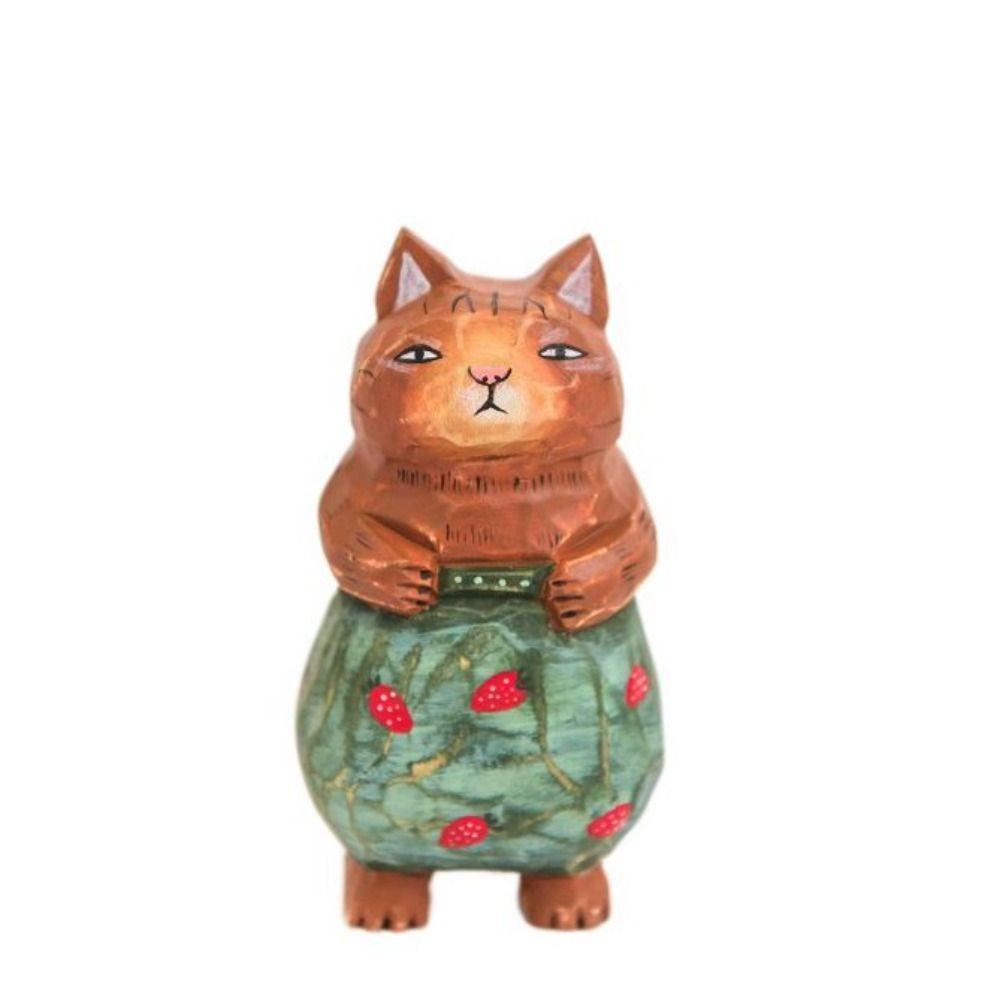 Cute Wood Carving Cat Ornament Simple Style Solid Wood Painted Cartoon Cat Sculpture Small Handmade