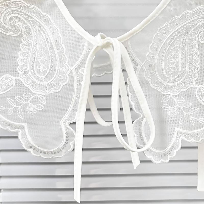 Elegant White Embroidered Flower Detachable Collar for Women Fashionable Sequins Embellished Mesh Shawl Wrap Capelet