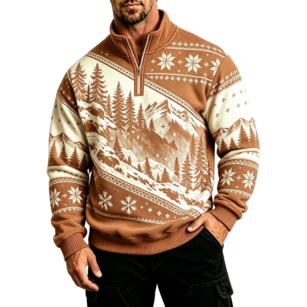 Men's Casual Zip-Up Lined Sweatshirt with Stand Collar Long Sleeve Print for Fall and Winter