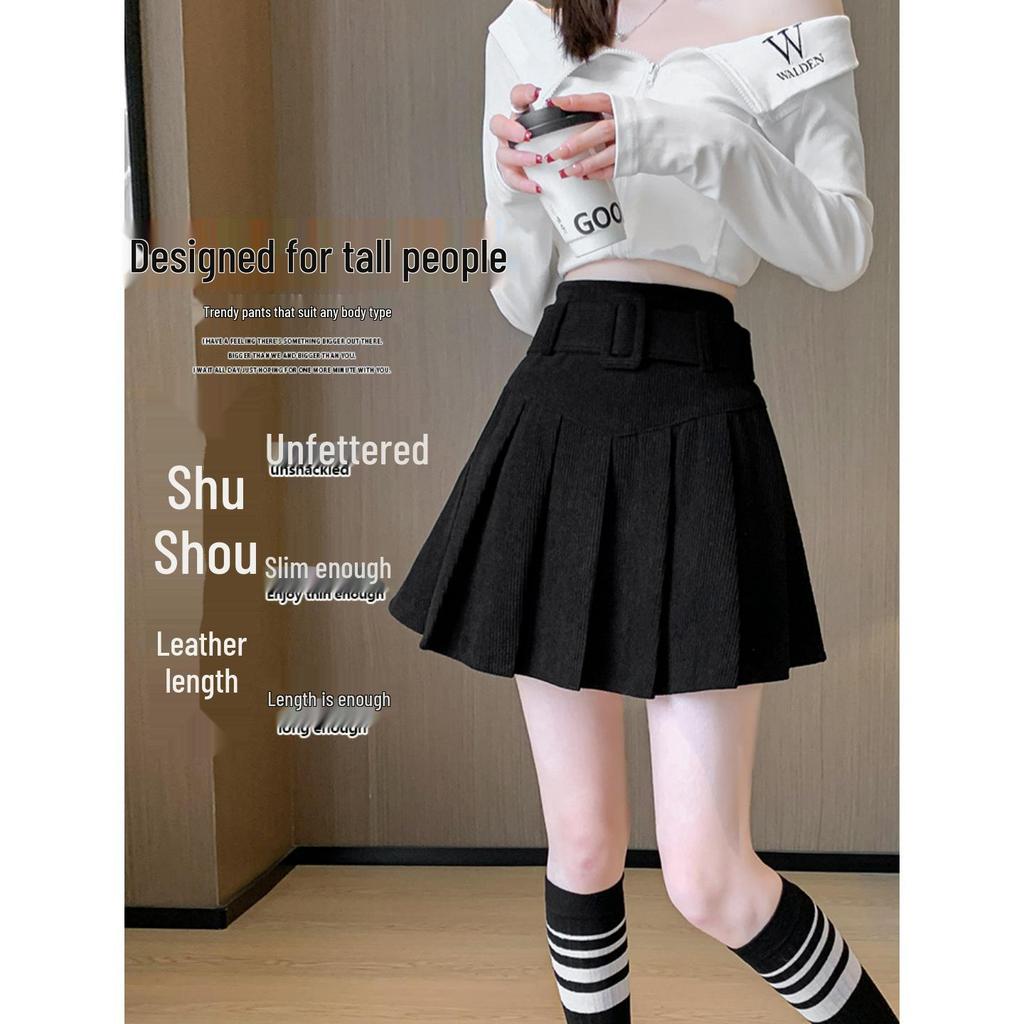 High-Waisted Pleated Chenille A-Line Skirt for Tall Women - Anti-Exposure, Corduroy, Short, Suitable for Spring and Autumn.