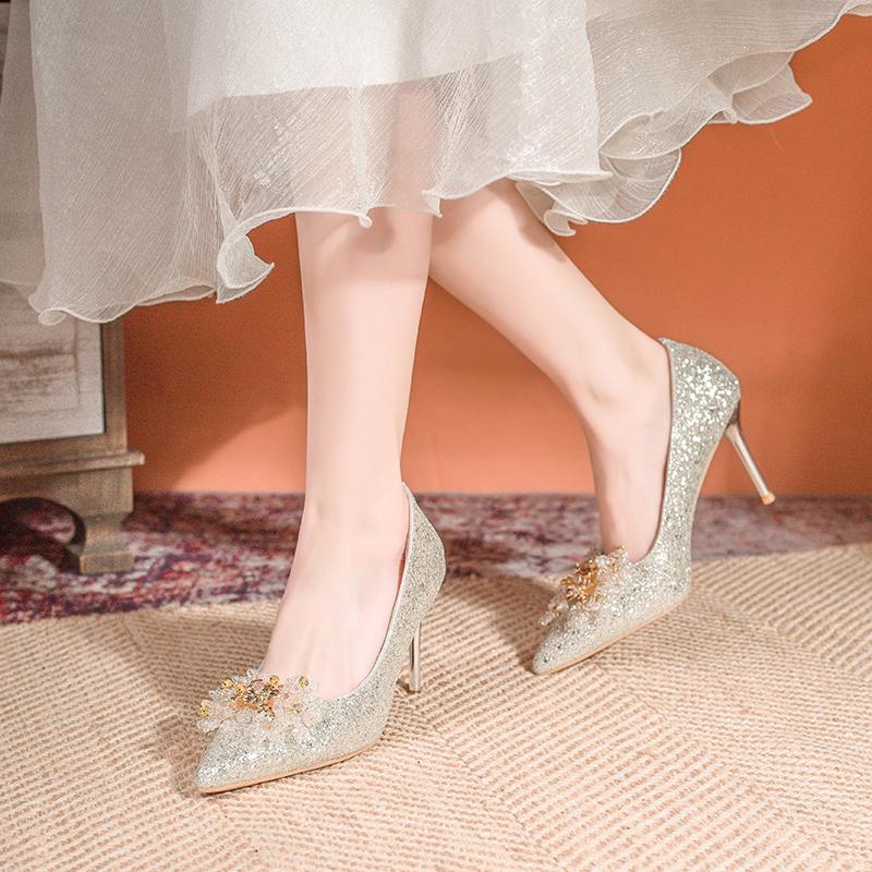 Fashion Women's Fashion Pointy Toe Shallow Mouth Beaded Flower Full Sequin Set Foot Non-slip Slim Heel Shoes New Summer High Heels